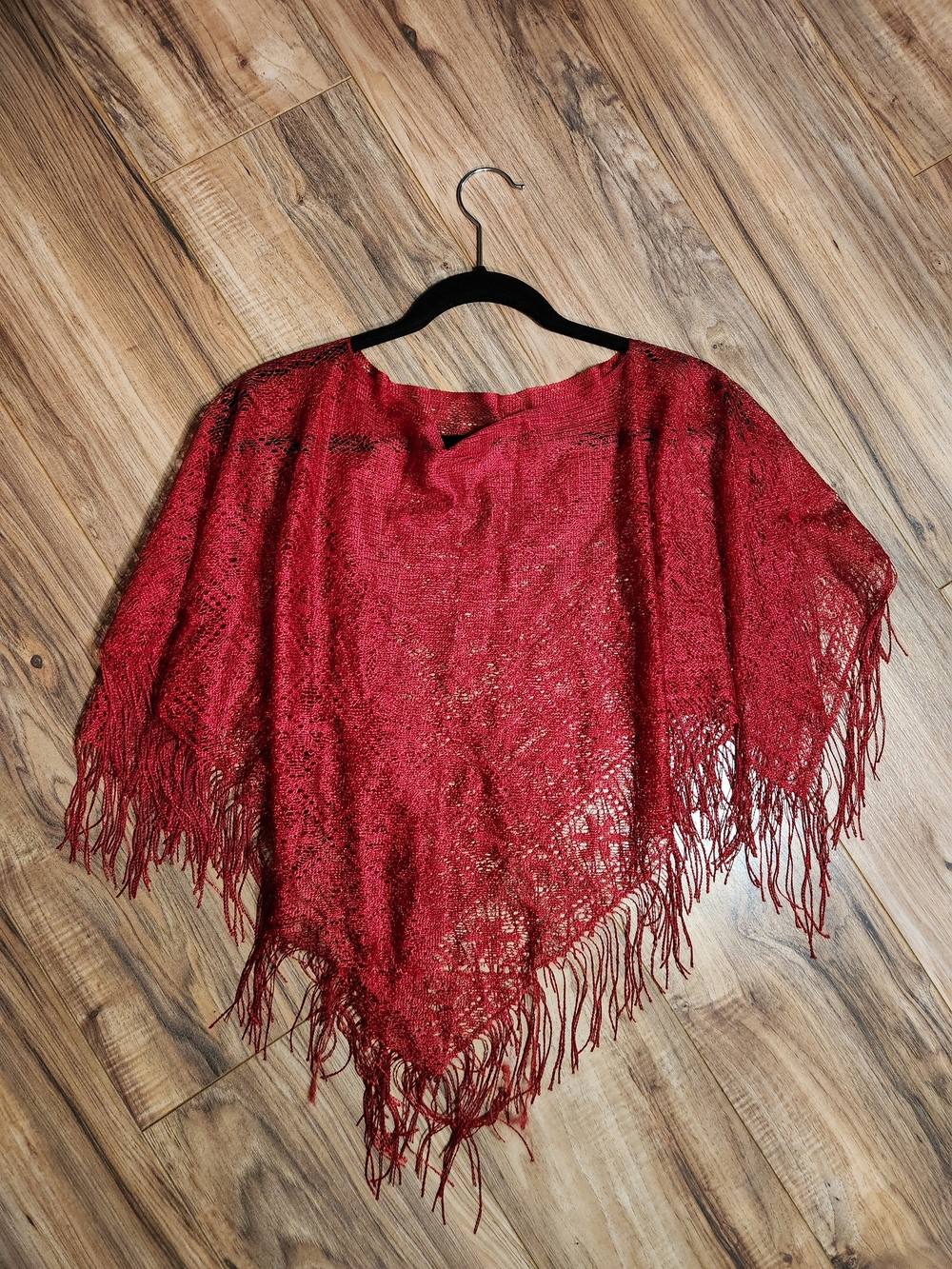 Sheer Red Crochet Fringe Knit Poncho